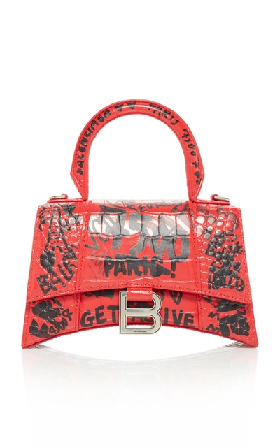 Shop Balenciaga Hourglass Xs Graffiti-print Leather Bag In Red