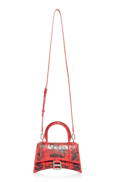 Shop Balenciaga Hourglass Xs Graffiti-print Leather Bag In Red