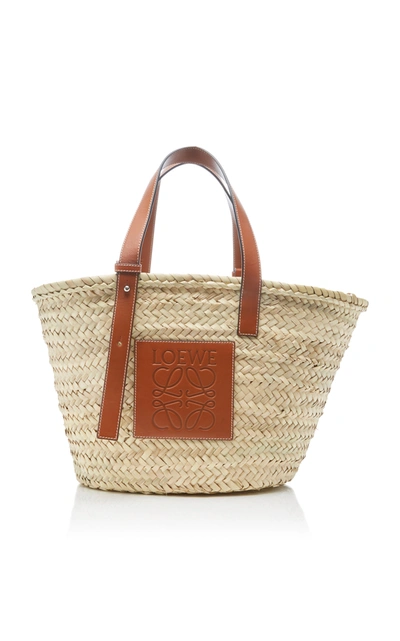 Shop Loewe Medium Raffia And Leather Basket Bag In Neutral