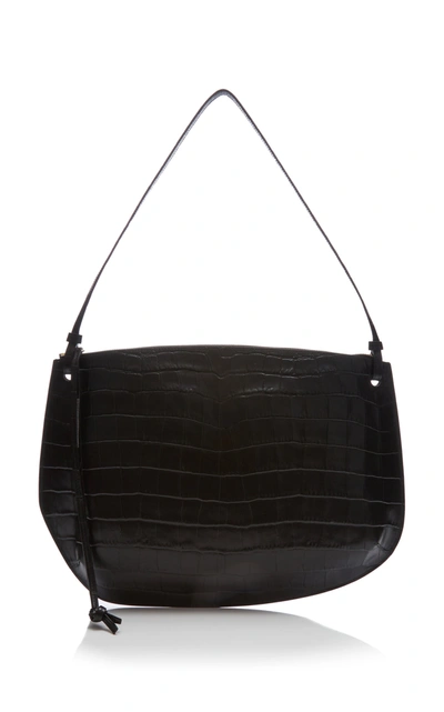 Shop Little Liffner Pebble Large Croc-embossed Leather Shoulder Bag In Black