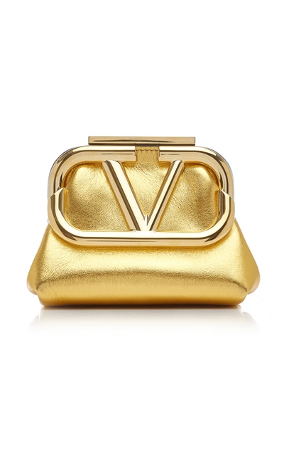 Shop Valentino Garavani Supervee Metallic Leather Mini Clutch In Gold