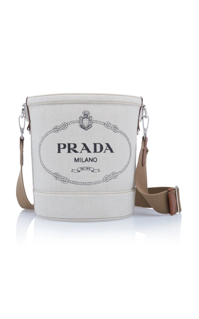 Shop Prada Large Printed Linen Bucket Bag In Neutral