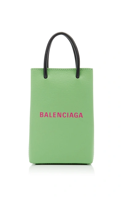 Shop Balenciaga Shopping Logo-print Leather Phone Holder In Green