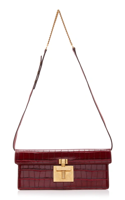 Shop Oscar De La Renta Alibi Croc-embossed Leather Clutch In Red