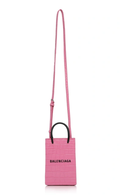 Shop Balenciaga Shopping Croc-effect Leather Phone Holder In Pink