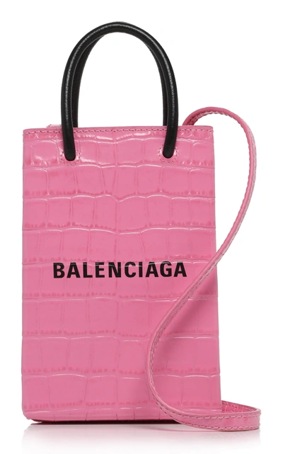 Shop Balenciaga Shopping Croc-effect Leather Phone Holder In Pink