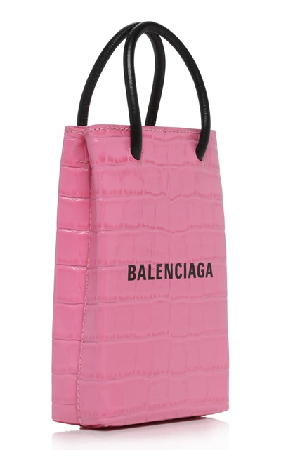 Shop Balenciaga Shopping Croc-effect Leather Phone Holder In Pink