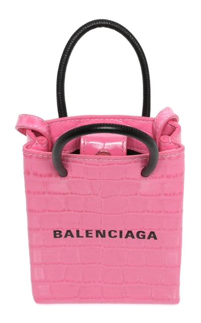Shop Balenciaga Shopping Croc-effect Leather Phone Holder In Pink