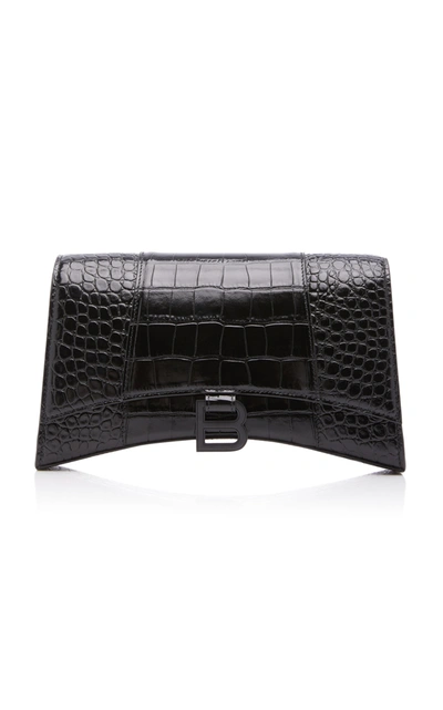 Shop Balenciaga Hourglass Baguette Croc-effect Leather Bag In Black