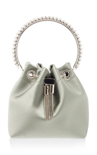 Shop Jimmy Choo Bon Bon Crystal-embellished Satin Bucket Bag In Green