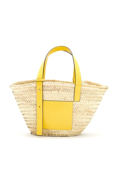 Shop Loewe Small Raffia And Leather Basket Bag In Yellow