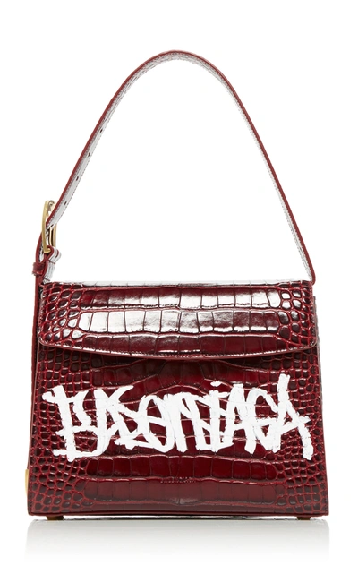 Shop Balenciaga Ghost M Graffiti Croc-effect Leather Bag In Red