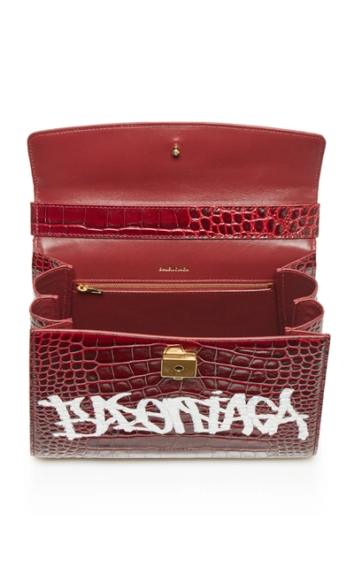 Shop Balenciaga Ghost M Graffiti Croc-effect Leather Bag In Red