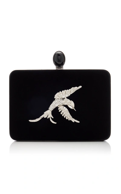 Shop Oscar De La Renta Crystal-embellished Velvet Clutch In Black