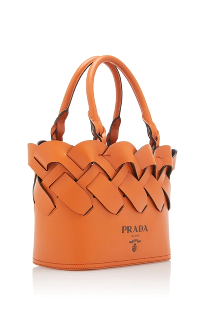 Shop Prada Leather Tress Tote In Orange