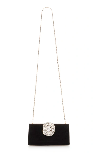 Shop Jimmy Choo Leonis Crystal-embellished Suede Clutch In Black