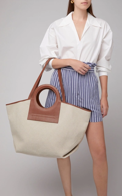 Shop Hereu Cala Leather-trimmed Canvas Tote In Neutral
