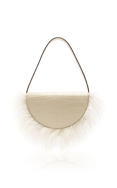 Shop Staud Amal Ostrich Feather Leather Shoulder Bag In White