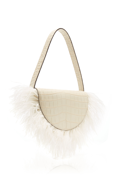 Shop Staud Amal Ostrich Feather Leather Shoulder Bag In White
