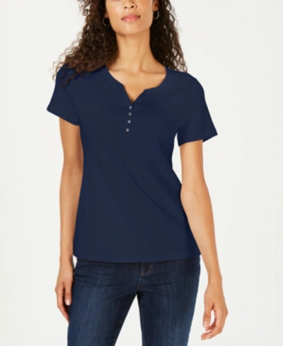 Shop Karen Scott Short Sleeve Henley Top, Created For Macy's In Intrepid Blue