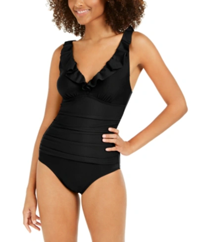 Shop Dkny Ruffle Plunge Underwire Tummy Control One-piece Swimsuit, Created For Macy's In Black