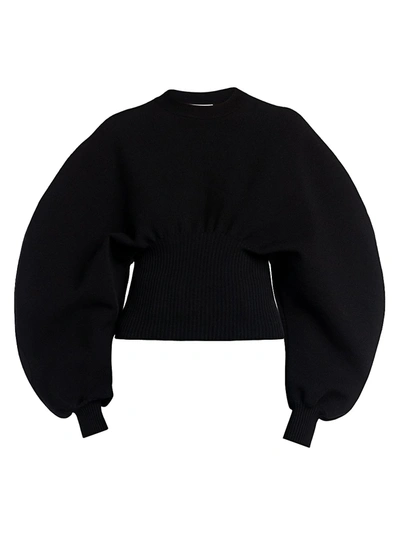 Shop Bottega Veneta Compact Wool-blend Puff-sleeve Sweater In Black