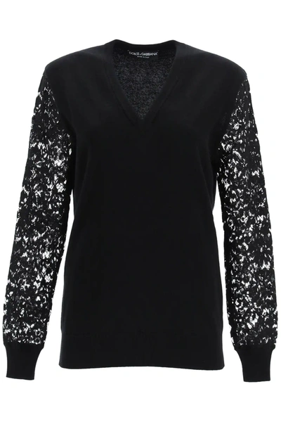 Shop Dolce & Gabbana Sweater With Lace Sleeves In Black