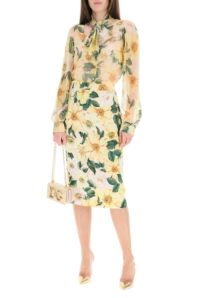 Shop Dolce & Gabbana Chiffon Shirt With Camelie Print In Yellow/beige/green