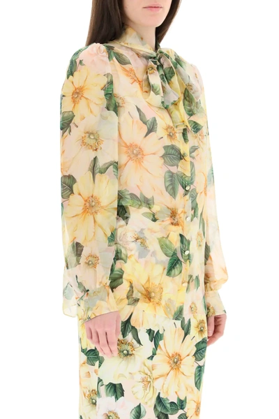 Shop Dolce & Gabbana Chiffon Shirt With Camelie Print In Yellow/beige/green