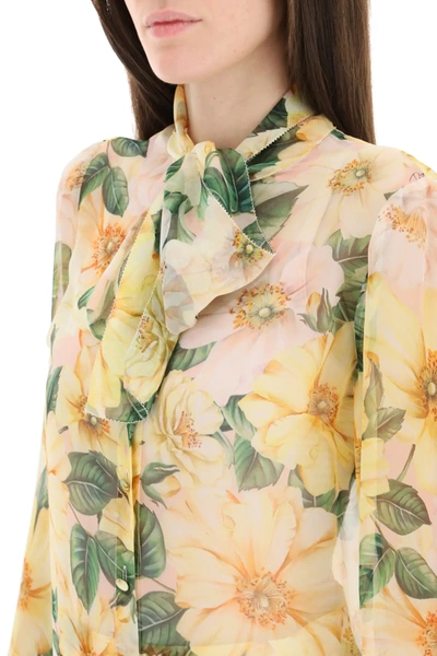Shop Dolce & Gabbana Chiffon Shirt With Camelie Print In Yellow/beige/green