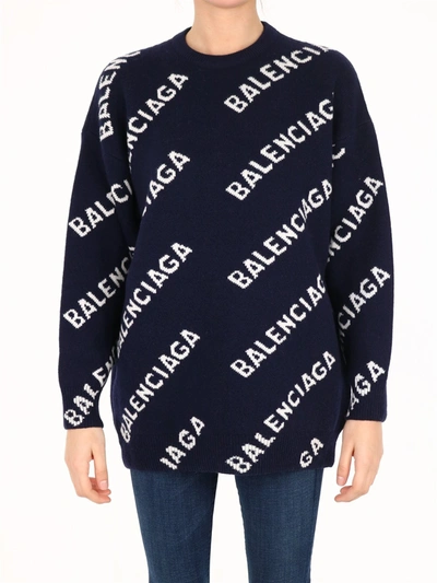 Shop Balenciaga Logo Sweater Blue