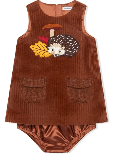 Shop Dolce & Gabbana Hedgehog Embroidered Corduroy Dress In Brown