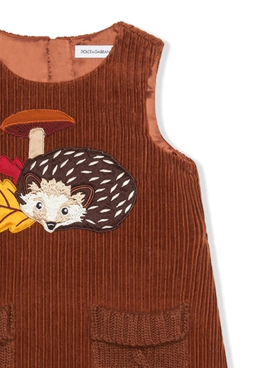 Shop Dolce & Gabbana Hedgehog Embroidered Corduroy Dress In Brown