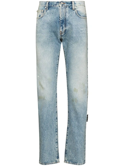 Shop Off-white Logo-print Slim-cut Jeans In Blue
