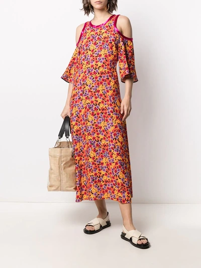 Shop Marni Floral-print Cold-shoulder Dress In Orange