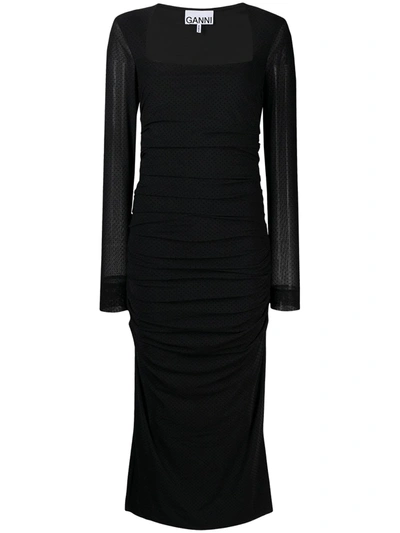 Shop Ganni Square-neck Ruched Midi-dress In Black