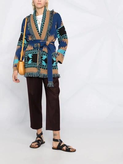 Shop Alanui Geometric-print Fringed Cardigan In Blue