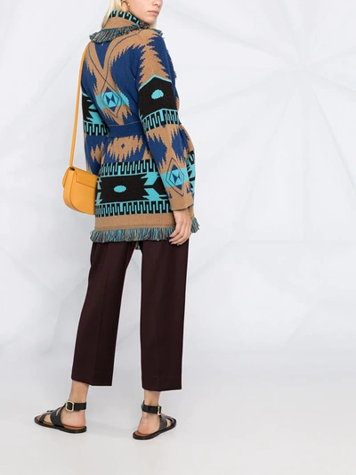 Shop Alanui Geometric-print Fringed Cardigan In Blue