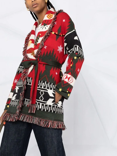 Shop Alanui Geometric-print Fringed Cardigan In Red