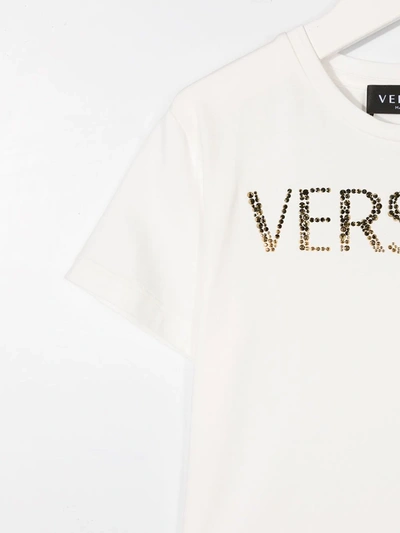 Shop Young Versace Stretch-cotton Logo Embellished T-shirt In White