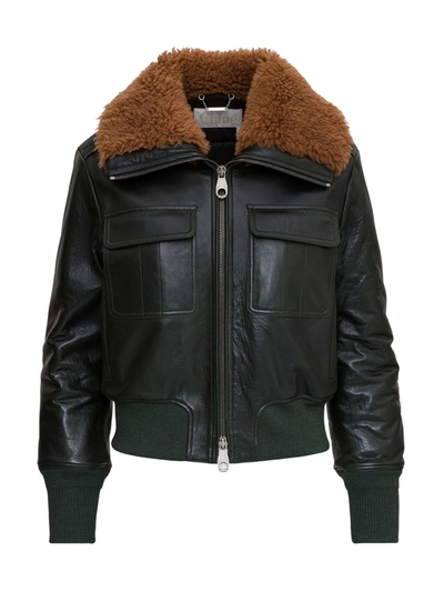 Shop Chloé Leather Aviator Jacket With Shearling Collar In Green