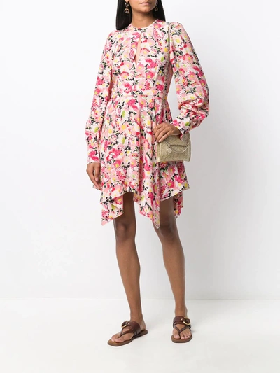 Stella Mccartney Watercolor Floral Print Long-sleeve Asymmetrical Dress In Pink
