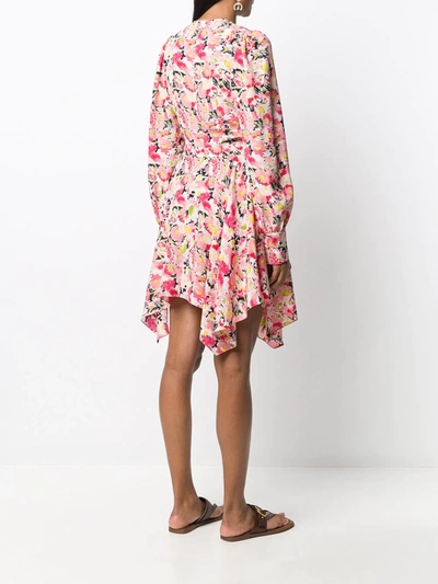 Stella Mccartney Watercolor Floral Print Long-sleeve Asymmetrical Dress In Pink