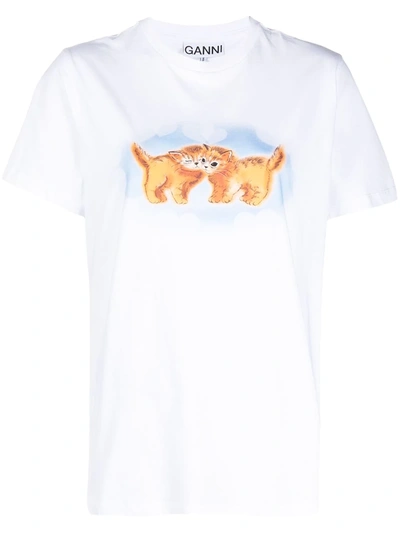 Shop Ganni Kitten-print Organic-cotton T-shirt In White