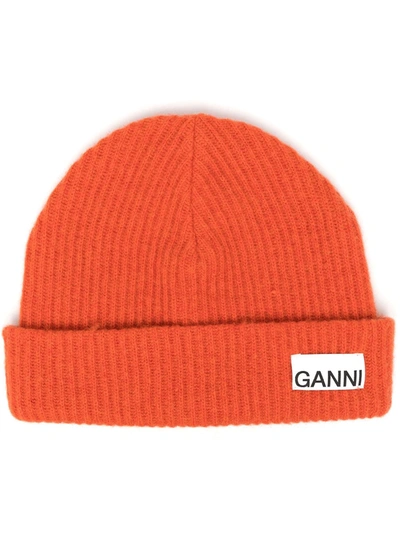 Shop Ganni Recycled Wool Beanie In Orange