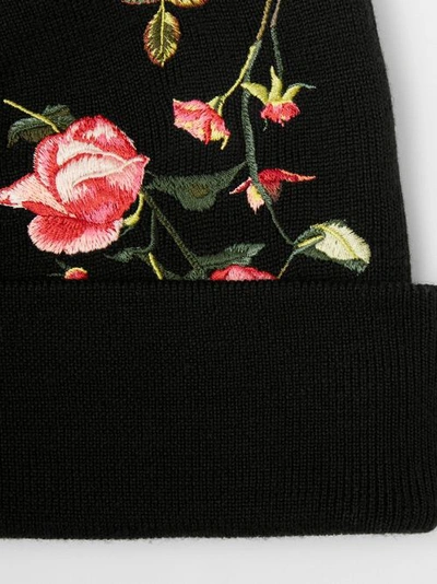 Shop Burberry Embroidered Rose Wool Beanie In Black