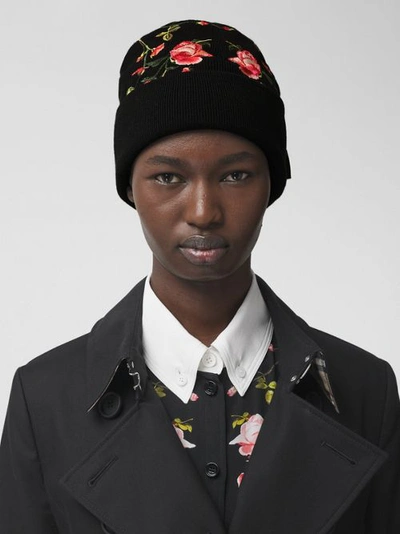 Shop Burberry Embroidered Rose Wool Beanie In Black