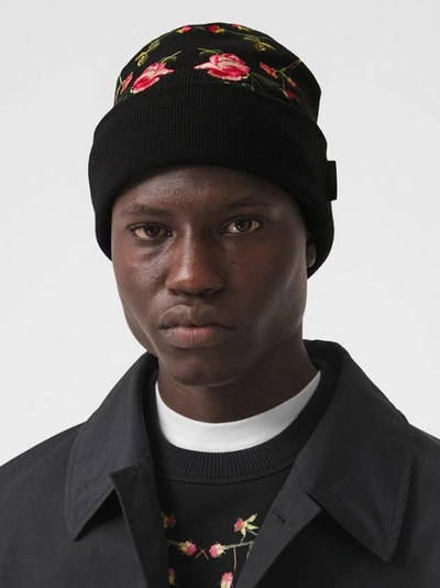 Shop Burberry Embroidered Rose Wool Beanie In Black