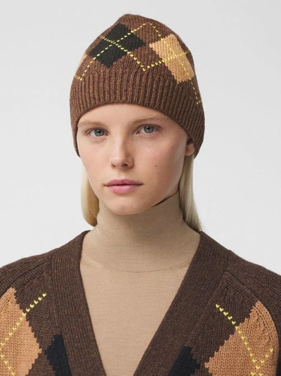 Shop Burberry Argyle Intarsia Wool Cashmere Beanie In Brown