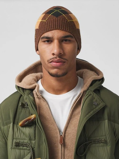 Shop Burberry Argyle Intarsia Wool Cashmere Beanie In Brown
